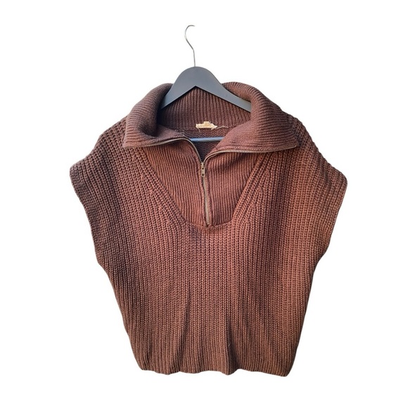 Mystree Sweaters - Mystree Brown Casual Sleeveless Zip Pullover Sweater I Size:L